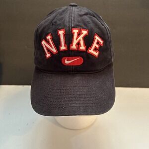 Vintage 90s Y2K Nike Swoosh Embroidered Block Lettering Black Adjustable Hat Cap